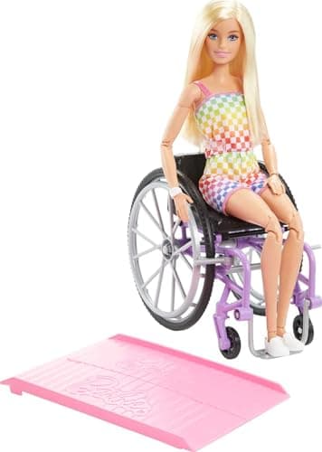 Image of Barbie Doll with Wheelchair and Ramp, Kids Toys and Gifts, Blonde, Barbie Fashionistas, Rainbow Romper, Clothes and Accessories, HJT13