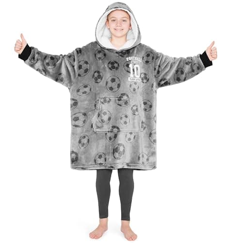 Image of CityComfort Hoodie Blanket for Kids & Teenagers Fleece Wearable Blanket Warm Gamer Football Oversized Hoodie with Sherpa Hood Loungewear Gaming Gifts (Grey Football)