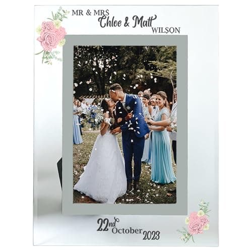 Image of Wedding Gift Personalised Mr & Mrs Wedding Photo Frame Keepsake Customised Newly Married Bride and Groom Present 6x4