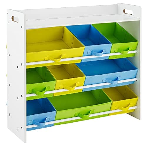 Image of SONGMICS Toy Organiser with 9 Removable Non-Woven Fabric Bins, Kid’s Storage Unit and Bookshelf for Nursery Playroom, Wooden Frame with Shelf, White GKR31WT