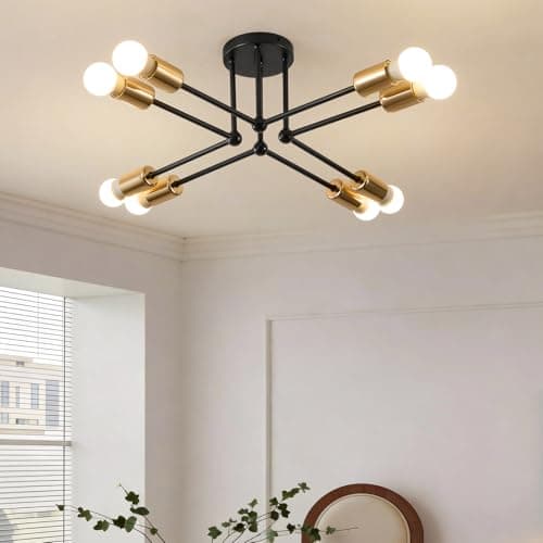 Image of Lightess Sputnik Ceiling Light 8 Lightes, E27 Black Modern Chandelier, Vintage Semi-Flush Mount Ceiling Lamp for Living Room, Bedroom