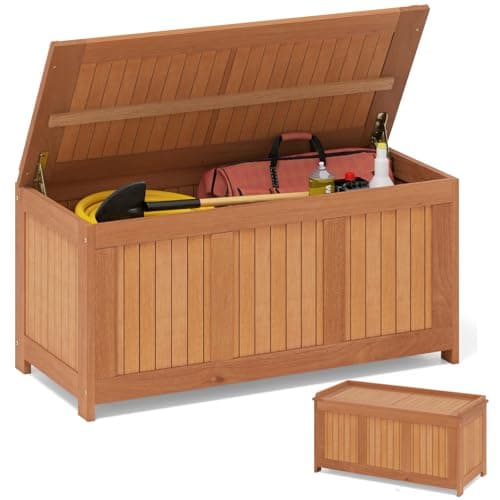 Image of COSTWAY Garden Storage Box, 190L/220L Wooden Deck Box Bench with Spring-lifting Brackets & Raised Edges, Outdoor Patio Storage Container for Cushion Tool Toy (220L)