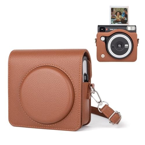 Image of HIYQIN Protective Case for Fujifilm Instax Square SQ40 Instant Camera - Vintage PU Leather Camera Bag with Adjustable Shoulder Strap - Classic Brown