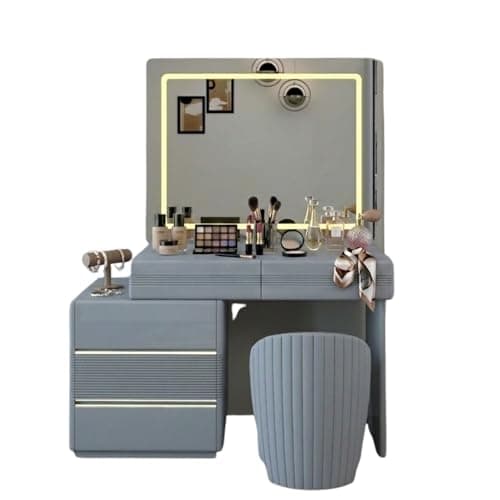 Image of GLOSSIQUE High Gloss Dressing Table with Mirror and Stool - Touch Control LED Mirror 3 Lighting Modes - Vanity Desk with 5 Drawers - Modern Makeup Table for Bedroom - Grey