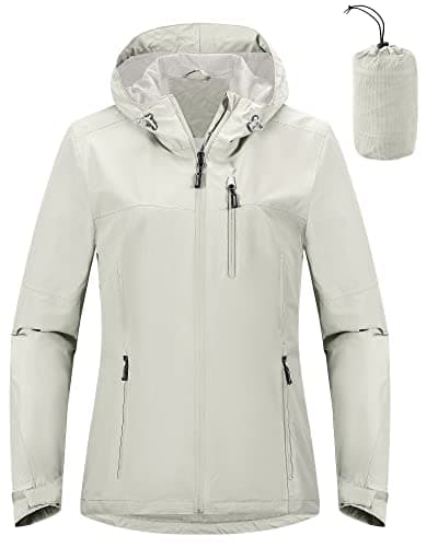 Image of Outdoor Ventures Women's Waterproof Jackets Ladies Lightweight Windproof Packable Rain Jacket Raincoat Outdoor Windproof Running Golf Cycling Softshell Jacket with Hood Light Grey L/UK 14