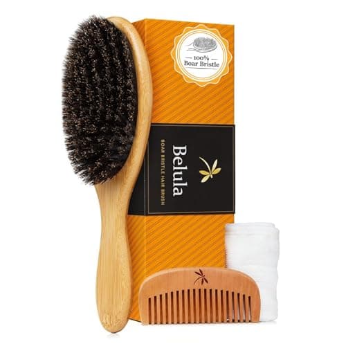 Image of Belula 100% Boar Bristle Hair Brush Set (Medium). Soft Natural Bristles for Thin and Fine Hair. Restore Shine And Texture. Wooden Comb, Travel Bag and Spa Headband Included!