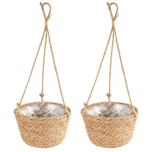 Image of EVERGOODS Hanging Basket 2 Pack – 19cm Indoor & Outdoor Plant Pots with Jute Rope, Foldable Seagrass Macrame Planters for Succulents, Herbs, Home & Garden Décor