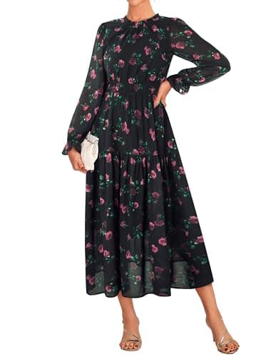 Image of GRACE KARIN Women's Elegant Floral Chiffon Dress Long Sleeve A Line Cocktail Party Maxi Dresses CL0211-06/Roses on Black XL