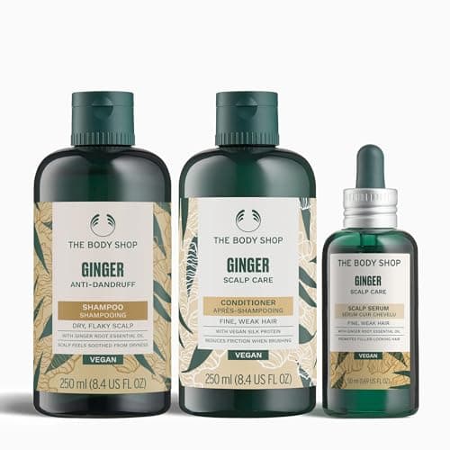Image of The Body Shop Ginger Anti-Dandruff Trio, Anti-Dandruff Shampoo 250ml, Scalp Care Conditioner 250ml, Scalp Serum 50ml, Clarifying Routine for Dry, Itchy & Flaky Scalp, Vegan Haircare Set