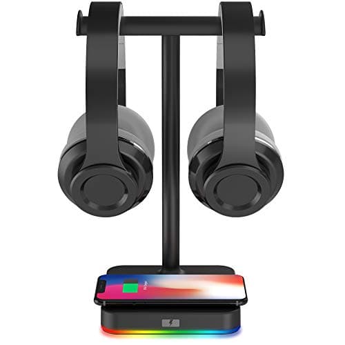 Image of KAFRI RGB Dual Headphone Stand with Wireless Charger Desk Gaming Double Headset Holder Hanger Rack with 10W/7.5W QI Charging Pad - Suitable for Gamer Desktop Table Game Earphone