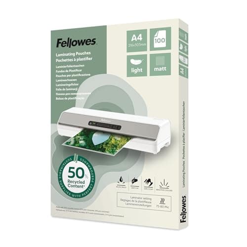 Image of Fellowes A4 Laminating Pouches – 100 Pack, Matt Finish, Light Duty 75/80 Micron, 50% Recycled Content – Lamination for Teachers & Offices