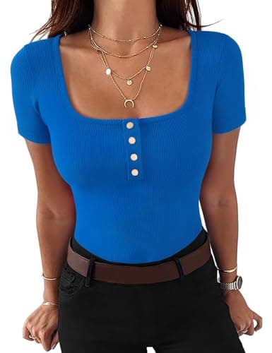 Image of Gyabnw Tops Women Summer Short Sleeve T Shirts Ribbed Round Neck Slim Fitted Tee Button Top Stretchy Royal Blue