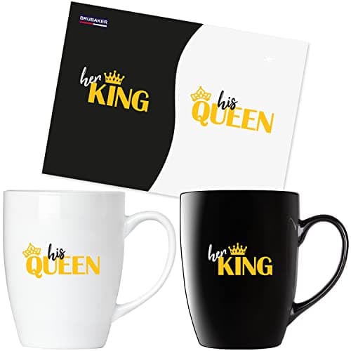 Image of BRUBAKER Coffee Mugs Her King & His Queen with Greeting Card - Couple Coffee Mugs Black and White - 300 ml (10 fl.oz.) Mugs Gift Set - Mug Set in Gift Box for Valentine's Day, Wedding and Christmas