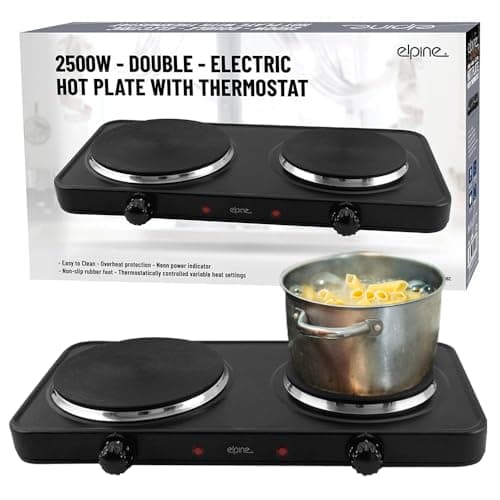 Image of 2500w Electric Double Hot Plate with Thermostat - Table Top Portable Hob Plate | Ideal for Camping, Caravans, Travelling | Overheat Protection, Non-Slip Rubber Feet, Neon Power Indicator - Black