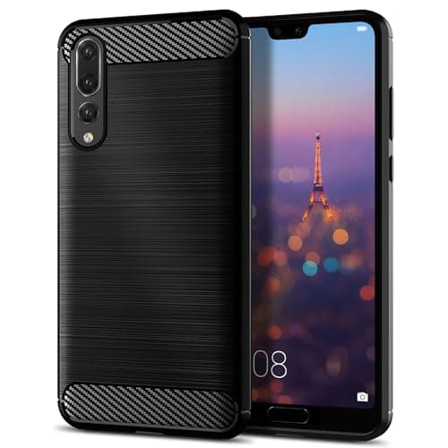 Image of Qiinogow Case Compatible with Huawei P20 Pro, Slim Fit Phone Cover with Shock-Absorption, Carbon Fiber TPU Rubber Protective Case, Black