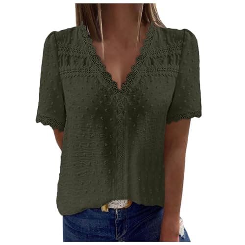 Image of Short Sleeve Blouses for Women UK Broderie Anglaise Tops Elegant Ladies Tops Lace Cutout Patchwork Shirts Womens V Neck Puff T-Shirt Blouse Shirts Summer Plus Size Casual Loose T-Shirt Army Green