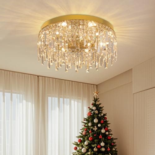 Image of VETRULUS Gold Crystal Chandeliers for Dining Room 50CM Round Luxury Flush Mount Crystal Ceiling Light Fixture Modern Chandelier for Bedroom Living Room Kitchen Island