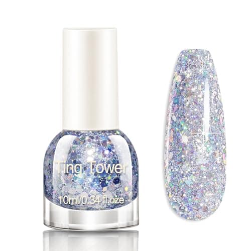 Image of Glitter Nail Polish - 10ml Flash Shinny Sliver Nail Varnish - Quick Drying & Long Lasting Iridescent Chunky Glitter Gel Polish - No Need Baking & Easy to Apply Nail Polish for Women