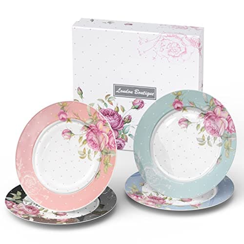Image of London Boutique Side Plates Cake Dessert Plates Afternoon Tea Plates Set of 4 Multicolours New Bone China Vintage Flora Gift Box 7.5inches (Roses)