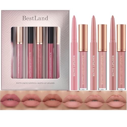 Image of 6Pcs Matte Liquid Lipstick Lip Liner Set, Velvety Nude Lipgloss Waterproof Non-Stick Cup Not Fade Liquid Lipstick Lipliner Make Up Gift Set (Set E)