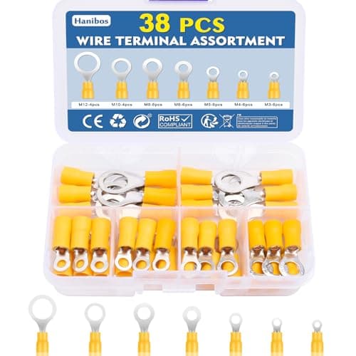 Image of Hanibos 38 Pcs Yellow Ring Terminals 4-6mm² Ring Crimps Terminals Connectors M3 M4 M5 M6 M8 M10 M12 Insulated Ring Terminals Crimps Connectors 12-10AWG