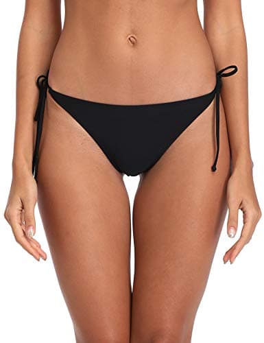 Image of Ocean Blues Women's Black Tie Side Bikini Bottom Cheeky Thong Soft Stretch Swimwear for Beach & Vacation Size Medium/Large