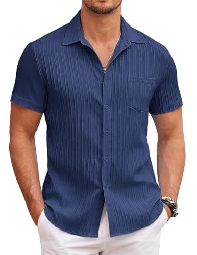 Image of COOFANDY Men's Short Sleeve Shirt Casual Summer Button Down Textured Shirts with Pocket Navy Blue XL