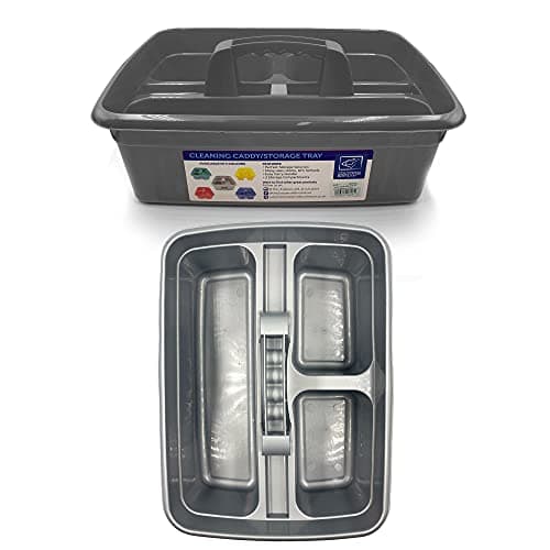 Image of TDBS The Dustpan and Brush Store Cleaning Caddy with Handle Cleaners Caddy Organiser Carry Baskets for Cleaning Products (Silver)
