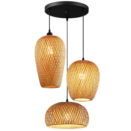 Image of GCQ Bamboo Lantern Pendant Lamp, Retro Japanese Style E27 Chandelier Hanging Light Ceiling Lighting Fixture for Living Room Bedroom Restaurant Cafe Teahouse Bar Dining Room Club