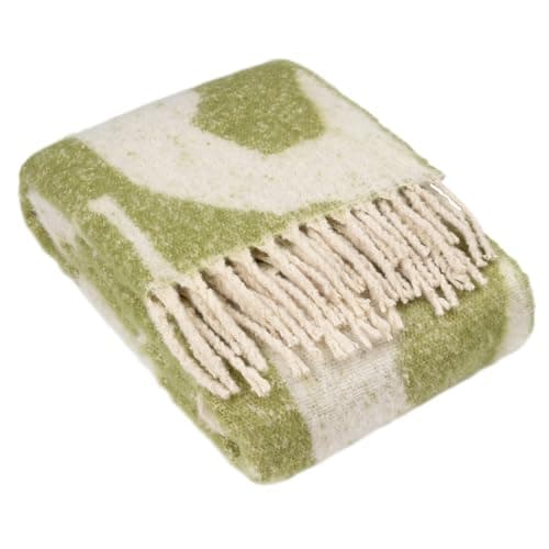 Image of furn. Hoem Meta Abstract Jacquard Throw – Soft Faux Mohair Tasselled Design (Olive – 130 x 180 cm)