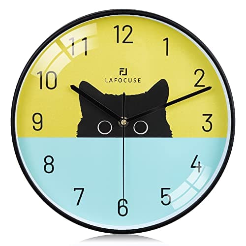 Image of Lafocuse 12 Inch Silent Non Ticking Black Cat Wall Clock for Living Room Modern, Battery Operated Cat Clock for Kids Room Bedroom Office Kitchen