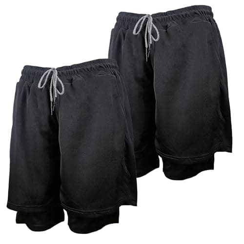 Image of DOINEUFL 2 in 1 Running Shorts for Men with Hidden Phone Pocket, Anti-Chafe Mens Gym Shorts with Liner & Secure Zip Pockets, Breathable Sports Shorts (UK, Alpha, L, Regular, Regular, Black + Black)