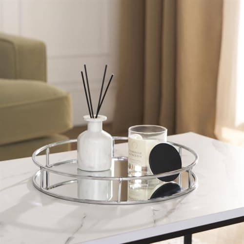 Image of OHS Round Mirror Tray Silver Mirrored Glass Metal Decorative Candle Plate Holder Mirror Tray for Perfume Vanity Dresser Jewellery Organizer Display for Coffee Table Bedroom Bathroom