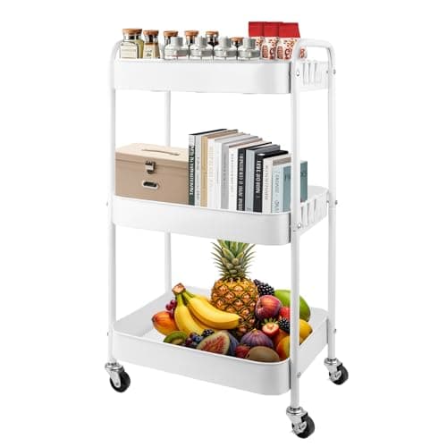 Image of Viuxule Storage Cart, 3 Tier Metal Trolley Cart with Wheels, White Rolling Utility Cart for Kitchen, Bathroom, Office, Bedroom, Veg Rack and Multi-Purpose Organizer for Snack, Makeup, Book, Diaper