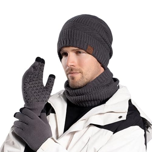 Image of Men's Winter 3-Piece Set - Beanie Hat, Scarf & Touchscreen Gloves - Warm, Soft & Stylish Knit Winter Accessories (Grey, ONE SIZE)