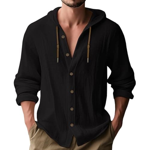 Image of MakingDa Hooded Shirt Men Thin Long Sleeve Hoodie Casual Smart Lightweight Summer Cotton Button Down Beach Tops Loose Fit Plain Hoody-Black-L