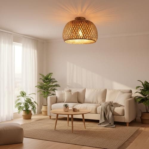 Image of Kinberry Bamboo Ceiling Light, E27 Semi Flush Ceiling Lights Handmade Rattan Lampshade Boho Rattan Light Fixtures Pendant Light for Hallway Corridor Passway Entryway Farmhouse