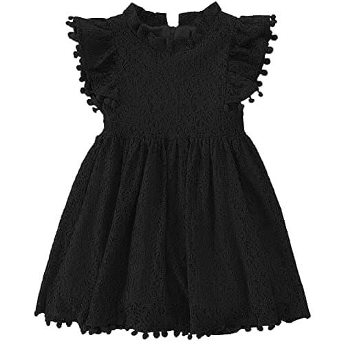 Image of PythJooh Toddler Girl Flutter Sleeve Party Dress Baby Kids Elegant Lace Pom Pom Princess Dress for 0-7Years Black