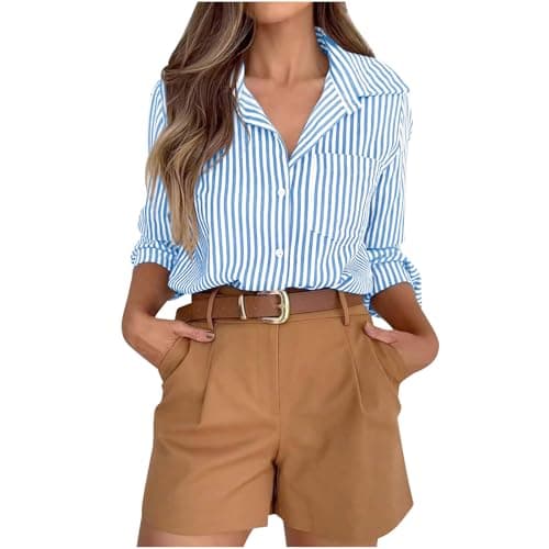 Image of Blouses for Women UK Striped Dress Shirts Button Down Shirt Casual Loose Long Sleeve Office Work Tunic Tops Collared Neck Roll Up Long Sleeve Blouse Regular Fit Tee Shirt with Pocket Sky Blue