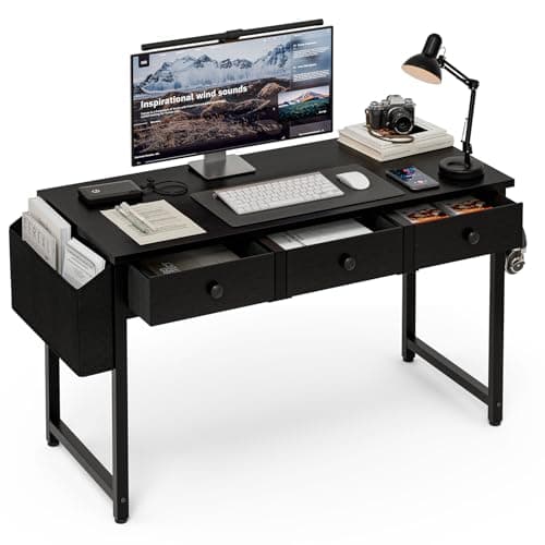 Image of Grandder Small Computer Desk with 3 Fabric Drawers, 100 x 40 cm Home Office Desk with Storage Bags and Drawers, Study Writing Gaming Table for Small Spaces, Black