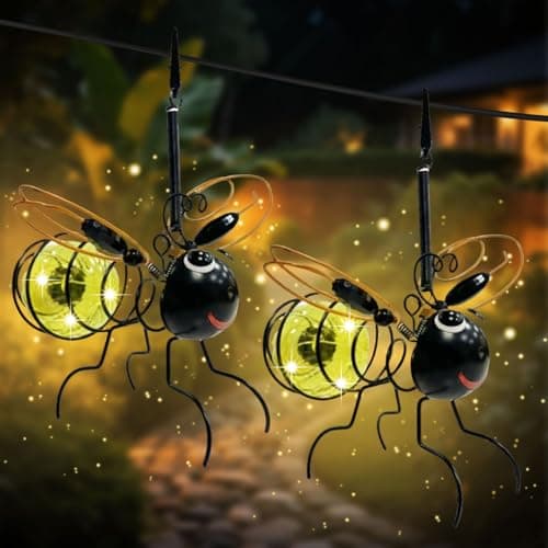 Image of Bee Solar Lights Outdoor Garden - 2 Pack Hanging Solar Powered Lights for Patio, Yard, Pathway, Ornaments Outdoor Waterproof Insect Lantern Decor with Warm White LEDs, Auto On/Off