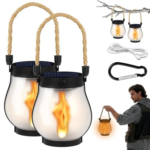 Image of Adiwo Solar Flame Hemp Rope Lantern, 2 Pack Waterproof Hanging Solar Lanterns with Carabiner, 1500 mAh, USB Dual Charging Modes, Realistic Flickering Flame for Garden Ornaments, Balconies, Yard Decor