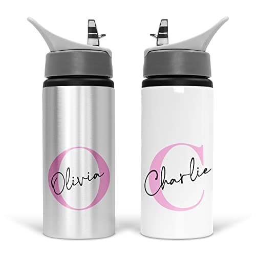 Image of Print Maniacs Personalised Water Bottle School Sport Drink 600ml Leakproof Spill Proof Aluminium Hot Cold Flip up Kid Boys Girls Biking Gift Initial (Pink)
