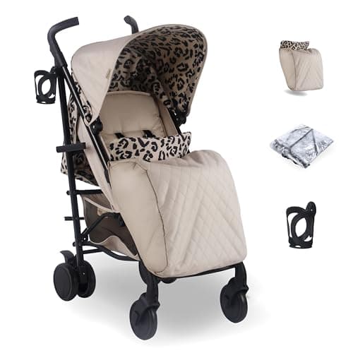 Image of My Babiie MB51 Dani Dyer Leopard Lightweight Stroller, Sturdy & Protective, Lightweight Frame, Comfort, Manoeuvrability, Suitable from Birth to Maximum 22kg, with Cup Holder, Rain Cover and Footmuff