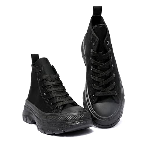 Image of Nexsus Plus Ladies Women Chunky Sole Lace Up High Top Canvas Casual Trainers Sneakers Walking Gym Shoes Size UK3-9 (All Black, UK Footwear Size System, Adult, Women, Numeric, Medium, 6)
