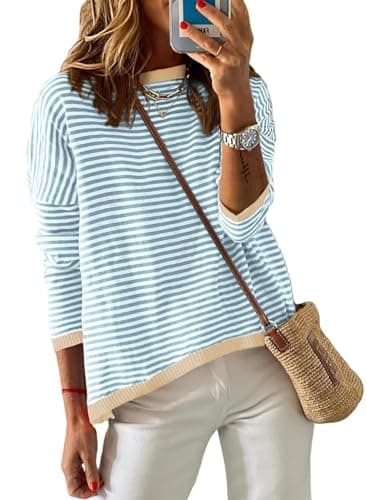 Image of Cuptacc Women's Jumpers Crew Neck Ladies Long Sleeve Tops Tunic Sweatshirt for Women Striped Shirt Teal L 16-18