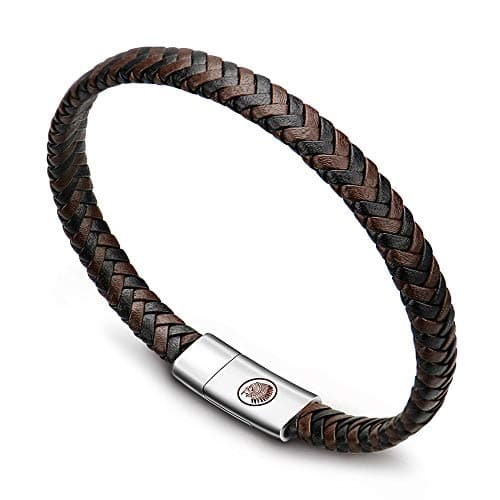 Image of Casisto.J Mens Leather Bracelet – Classic Handmade Braided Black & Brown Cuff Bracelet with Engraved Magnetic Clasp Free Jewelry Gift Boxed