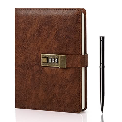Image of WEMATE Diary with Lock, A5 Journal with Lock 240 Pages, Lock Journal with Pen & Gift Box, Lock Diary for Men and Women, 8.6x5.8in Brown
