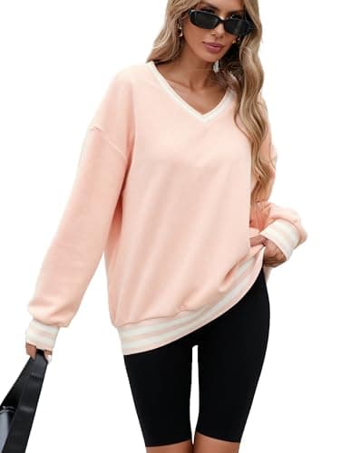 Image of Famulily Sweatshirt for Women Athletic Baseball V-neck Long Sleeve Tops Fleece Ladies Sweat Shirts Y2k Fall Fashion Pink M