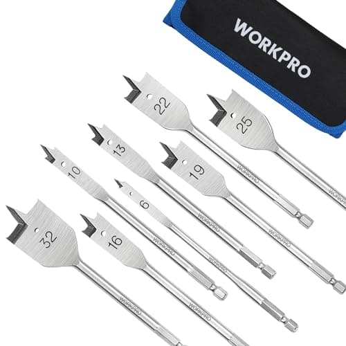 Image of WORKPRO 8-Piece Spade Drill Bit Set, Carbon Steel Heavy Duty Flat Wood Drill Bit Set, 1/4 inch Quick Change Hex Shank Woodworking Drilling Flat Bits Blades Kit